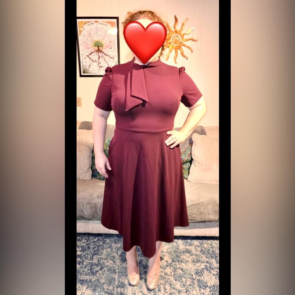 Maggie London Maroon Tie Neck Fit and Flare - Size 16